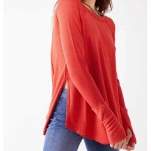 We The Free Women's Oversized Red Waffle‎ Knit Long Sleeve Pullover Top Size M